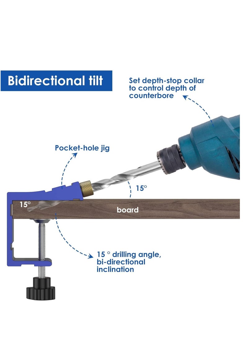 Excefore 47Pcs Pocket Hole Jig Adjustable Punch Locator 15 Degree Angle Hole Drill Guide Kit High Precision Drill Punch Positioner for Carpenter DIY Joinery Work Woodworking Tool - Image 4