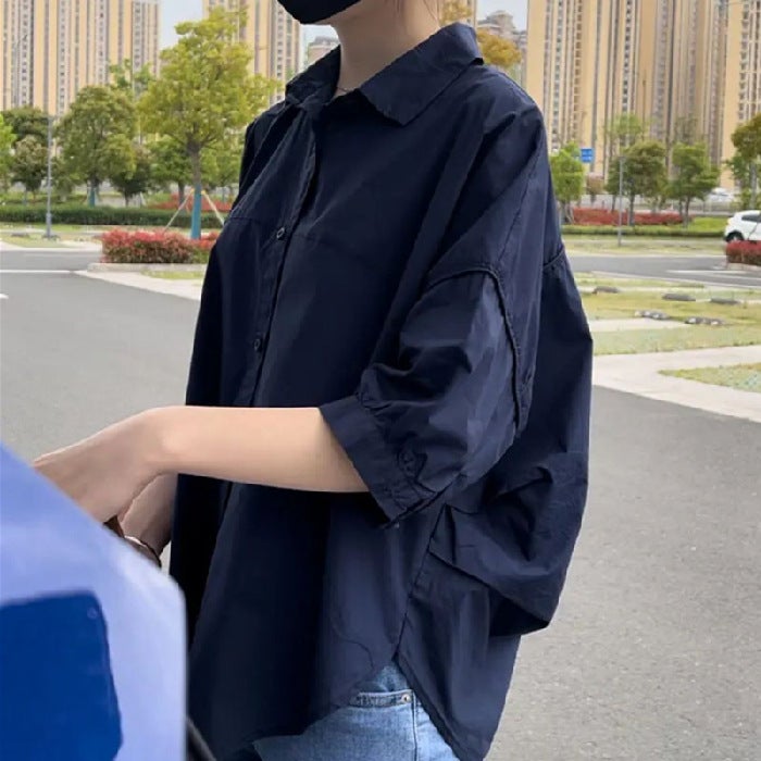 [Imitation Cotton] 2023 Summer Hollow Back Shirt Womens Design Sense Fashion Casual Western Style Top Navy blue