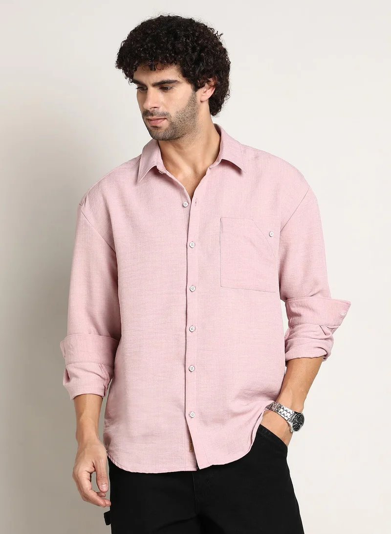 Campus Sutra Men's Rose Pink Modular Solid Oversized Shirt For Casual Wear | Spread Collar | Long Cuffed Sleeves | Button Closure | Oversized Shirt Crafted With Comfort Fit For Everyday Wear