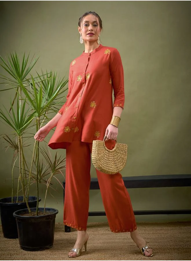 SASSAFRAS All Over Embroidered Shirt & Palazzo Set by Styli