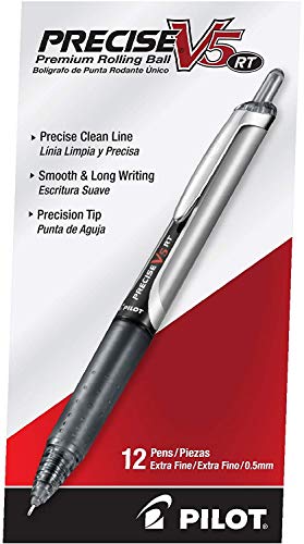 Pilot Precise V5 RT Refillable & Retractable Rollerball Pens, Extra Fine Point Pens 0.5 mm, Black, Pack of 12 - Ideal for School, Journaling & Office Writing - Image 1