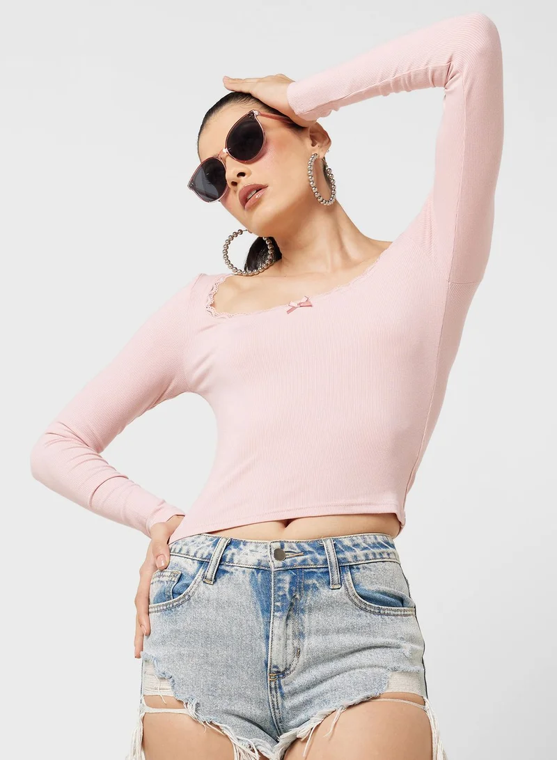 جينجر Lace Detail Square Neck Ribbed Top With Bow