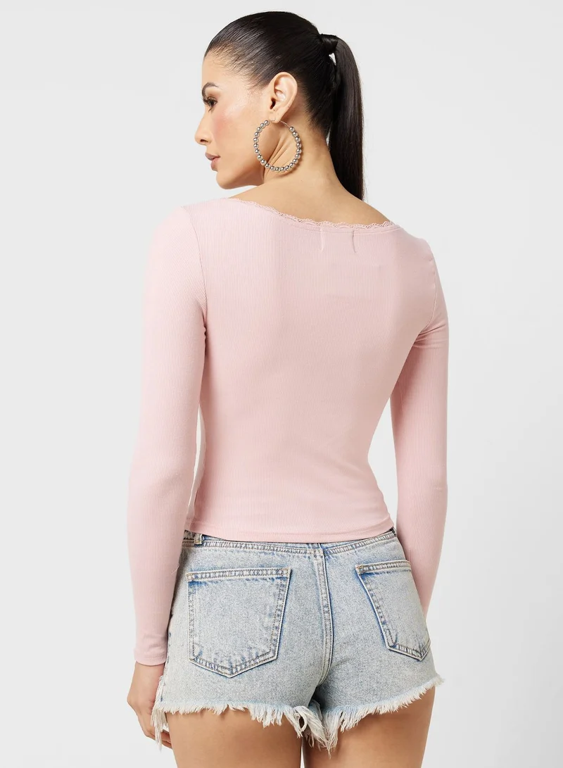 جينجر Lace Detail Square Neck Ribbed Top With Bow