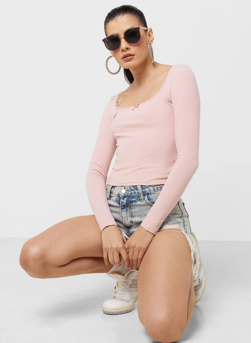 جينجر Lace Detail Square Neck Ribbed Top With Bow