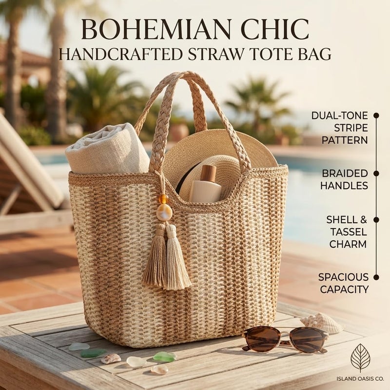 Women's Woven Straw Tote Bag for Women – Bohemian Raffia Beach Shoulder Handbag with Fabric Lining, Zipper Pocket & Tassel Charm – Large Summer Bag for Beach, Travel & Shopping (Beige - Cream) - Image 4