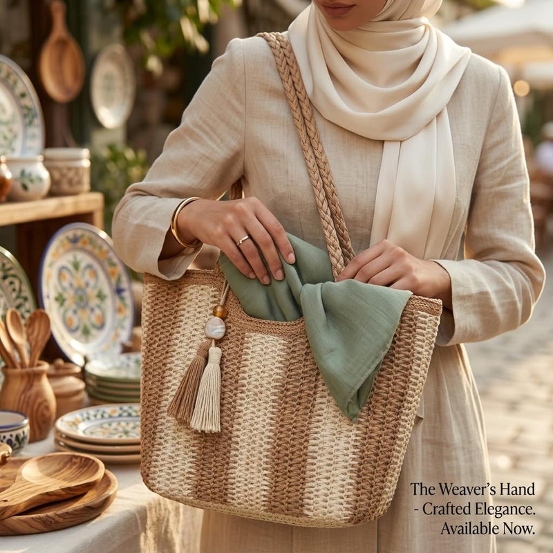 Women's Woven Straw Tote Bag for Women – Bohemian Raffia Beach Shoulder Handbag with Fabric Lining, Zipper Pocket & Tassel Charm – Large Summer Bag for Beach, Travel & Shopping (Beige - Cream) - Image 2