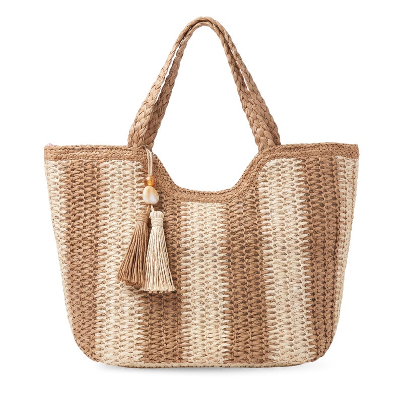 Women's Woven Straw Tote Bag for Women – Bohemian Raffia Beach Shoulder Handbag with Fabric Lining, Zipper Pocket & Tassel Charm – Large Summer Bag for Beach, Travel & Shopping (Beige - Cream) - Image 1