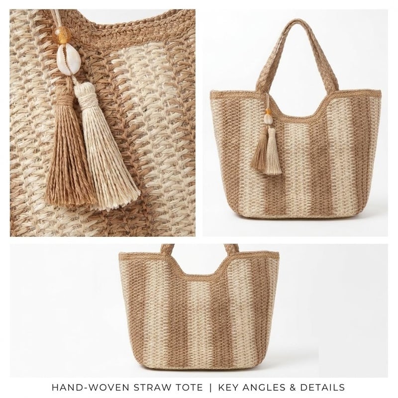 Women's Woven Straw Tote Bag for Women – Bohemian Raffia Beach Shoulder Handbag with Fabric Lining, Zipper Pocket & Tassel Charm – Large Summer Bag for Beach, Travel & Shopping (Beige - Cream) - Image 5
