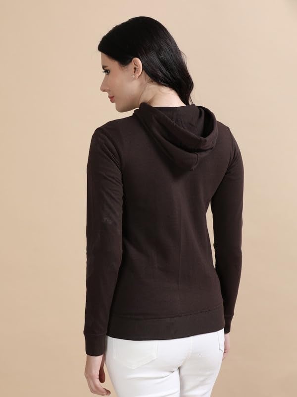 Wafaa Women's Cotton Plain Hooded Neck Full Zipper Steel Coffee Brown Color Regular Fit Sweatshirt Hoodies with Kangaroo Pocket Medium Size - Image 5