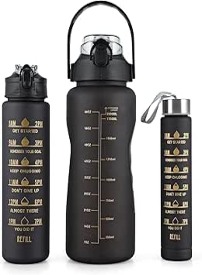 TORCHIT Set of 3 Water Bottle 2000ML, 900ML, 300ML with Motivational Time Marker, Leakproof Durable Sipper Water bottle for office, School, gym (BLACK)