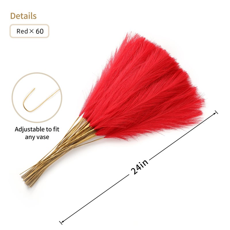 Wertuirk 60pcs Red Pampas Grass Decor - 24 Inch Short Artificial Pampas Grass Decor, Fake Pompas Floral for Vase Filler, Wedding Flower Arrangement, Party and Home Decor (Red) - Image 2