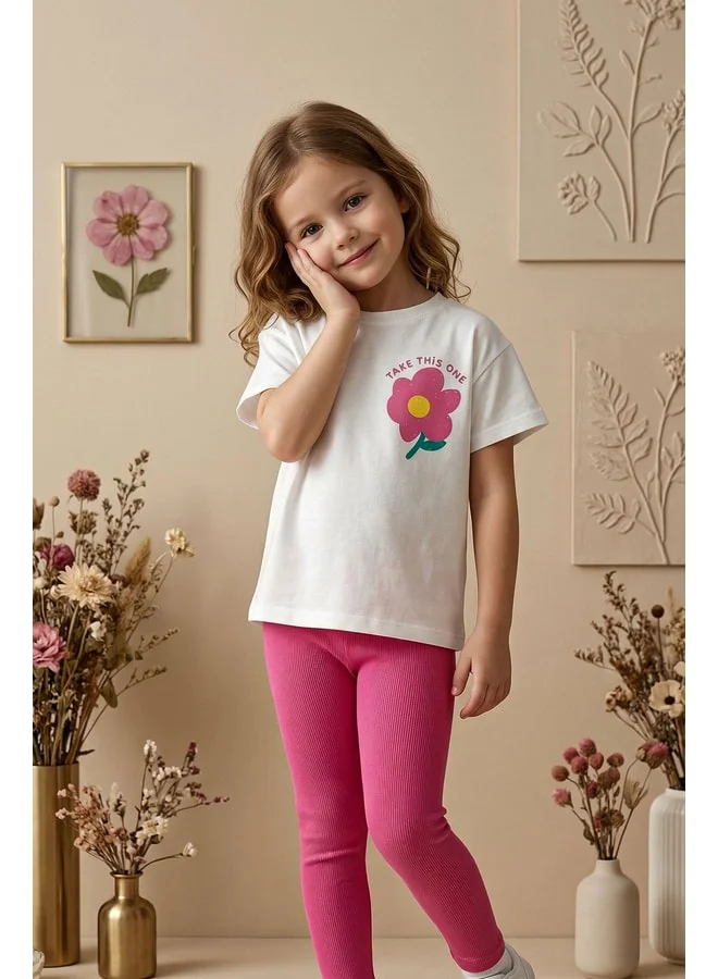 zuzunga Cute Flower Printed Pink Girl's Leggings Set.