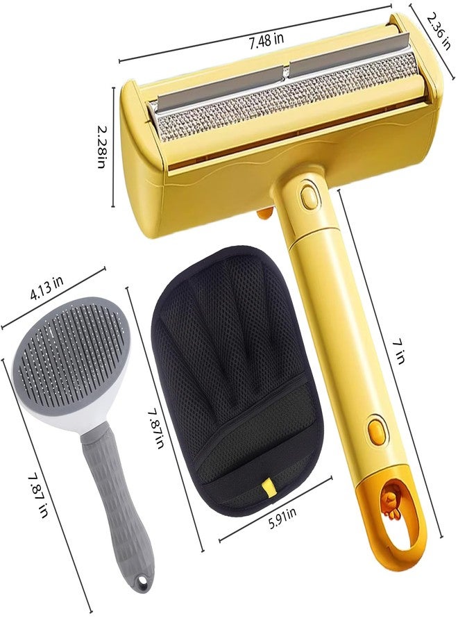 Leinoupt Roller Pet Hair Remover，Self Cleaning Shedding Brush，Cat Brush for Shedding, Pet Hair Removal Glove for Dogs & Cats, Gently Remove Fur from Furniture, Laundry, Carpet & Car Seats，3 Piece Set (Yellow) - Image 2