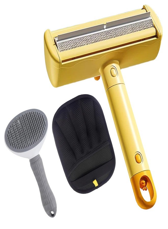 Leinoupt Roller Pet Hair Remover，Self Cleaning Shedding Brush，Cat Brush for Shedding, Pet Hair Removal Glove for Dogs & Cats, Gently Remove Fur from Furniture, Laundry, Carpet & Car Seats，3 Piece Set (Yellow) - Image 1