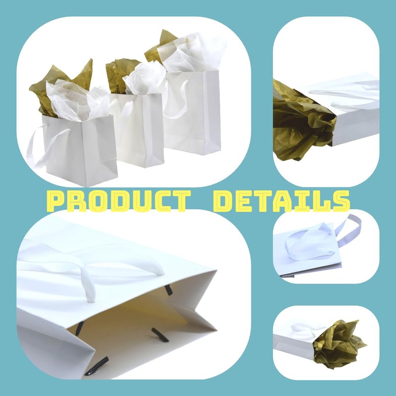 JUNESHE 4 Pack Small White Gift Bags with Tissue Paper,6.3 inch Mini Tiny Little Paper Bag for Birthday Party Favors Baby Bridal Shower Shopping Presents Wedding - Image 4