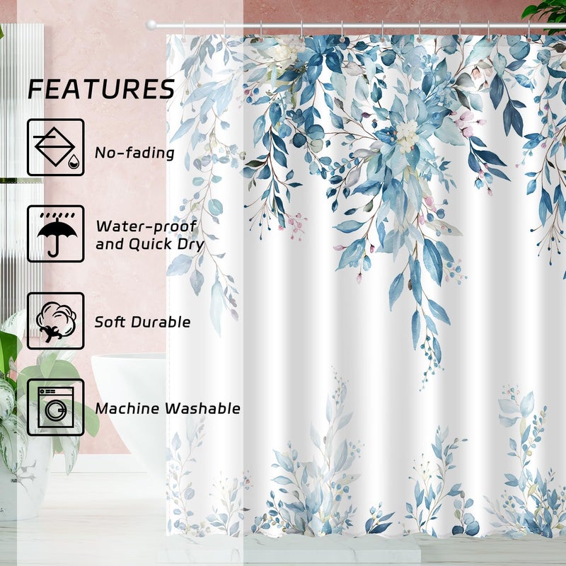 JWXCBIM Blue Eucalyptus Leaves Shower Curtain, Aesthetic Art Watercolor Plant Floral Leaf Bathroom Decor, Waterproof Fabric Bath Curtain Set with Hooks 72x72 Inches - Image 3