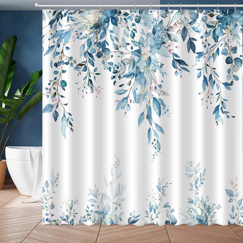JWXCBIM Blue Eucalyptus Leaves Shower Curtain, Aesthetic Art Watercolor Plant Floral Leaf Bathroom Decor, Waterproof Fabric Bath Curtain Set with Hooks 72x72 Inches - Image 1