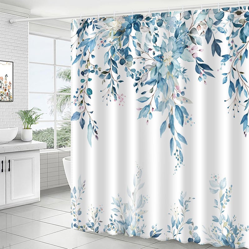 JWXCBIM Blue Eucalyptus Leaves Shower Curtain, Aesthetic Art Watercolor Plant Floral Leaf Bathroom Decor, Waterproof Fabric Bath Curtain Set with Hooks 72x72 Inches - Image 2