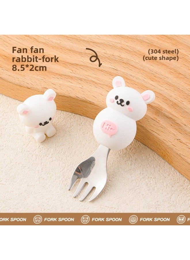 Children's Creative Fork Spoon 304 Stainless Steel Short Handle Cartoon Tableware Household Baby Dining Portable Tableware Suit-Specifications:No Specifications-Color:Fan Fan Rabbit Fork - Image 1