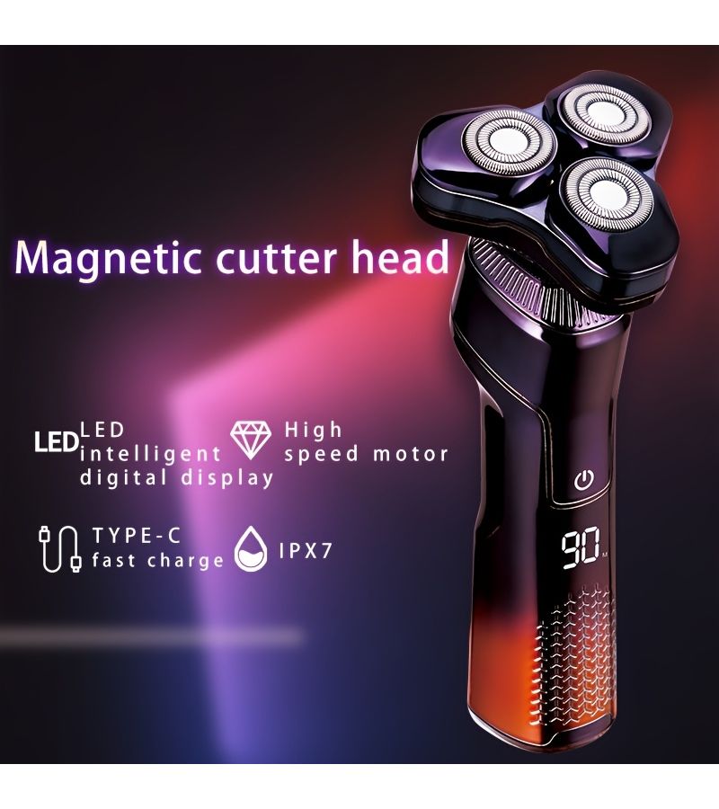 3D Triple Blade Floating Electric Shaver Type C Charging High Speed Shaver IPX7 Waterproof Electroplated Body LED Digital Display Mens Gift Gradient Red For Boyfriend Father - Image 5