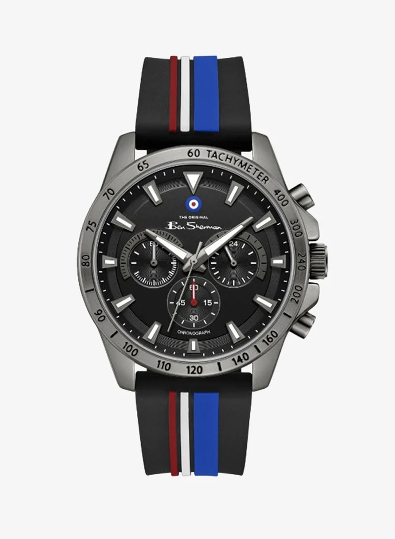 Ben Sherman Liverpool  Black Dial Black Silicone Strap Chronograph Watch for Men, 44mm
