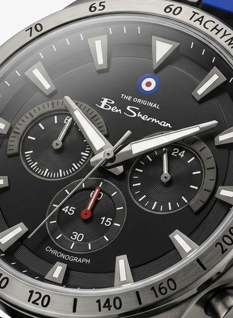 Ben Sherman Liverpool  Black Dial Black Silicone Strap Chronograph Watch for Men, 44mm