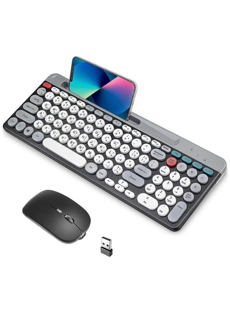 Arabic  English Wireless Keyboard and Mouse Combo, Multi-Device (Bluetooth+2.4G) Keyboard Mouse with Phone Tablet Holder, Full-Sized Typewriter Cordless Keyboard and Mouse for Computer/Laptop (Black)  - Image 1