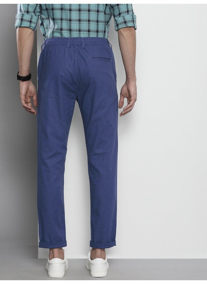 The Indian Garage Co Blue Indigo Men Slim Fit Casual Solid Regular Linen Trousers  - Image 2