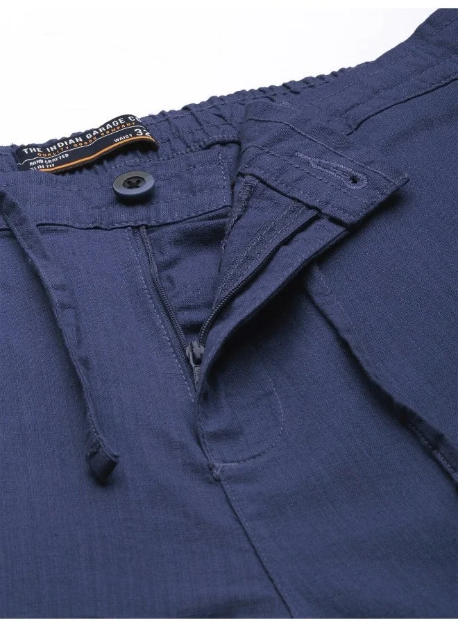 The Indian Garage Co Blue Indigo Men Slim Fit Casual Solid Regular Linen Trousers