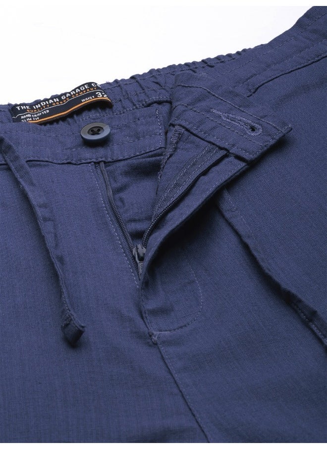 The Indian Garage Co Blue Indigo Men Slim Fit Casual Solid Regular Linen Trousers  - Image 5