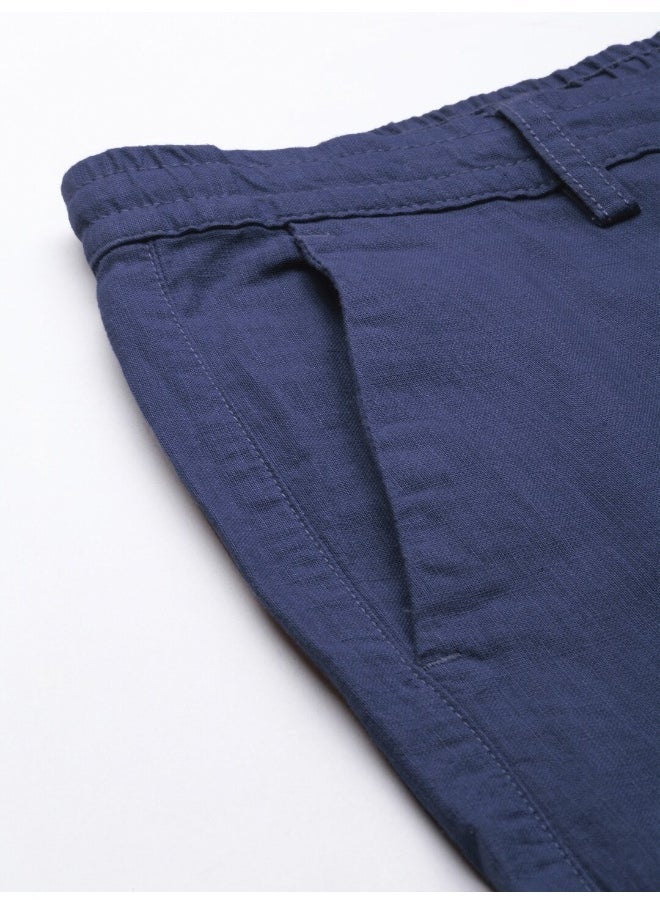 The Indian Garage Co Blue Indigo Men Slim Fit Casual Solid Regular Linen Trousers  - Image 4