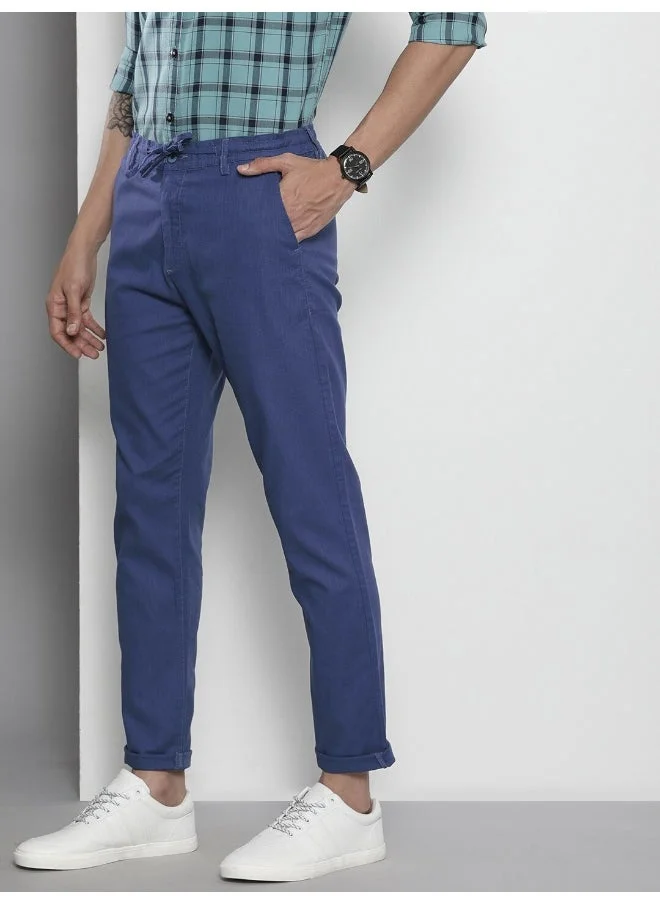 The Indian Garage Co Blue Indigo Men Slim Fit Casual Solid Regular Linen Trousers