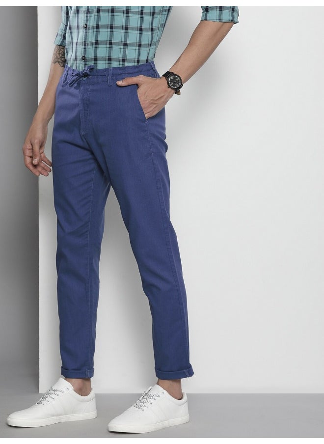 The Indian Garage Co Blue Indigo Men Slim Fit Casual Solid Regular Linen Trousers  - Image 3