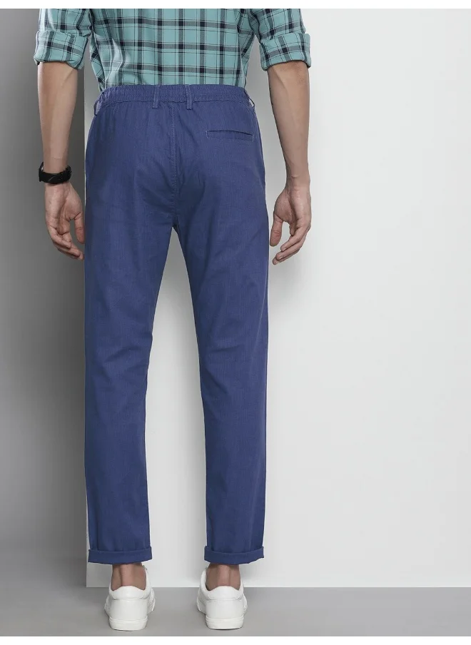 The Indian Garage Co Blue Indigo Men Slim Fit Casual Solid Regular Linen Trousers