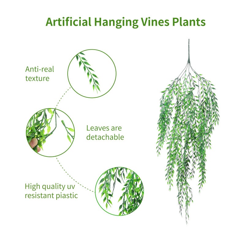 herfate Fake Garland Hanging Vines 4 PC Artificial Weeping Willow Leaves Fake Greenery Faux Plants Realistic Home Office Decoration Indoor Outdoor (Green) - Image 3