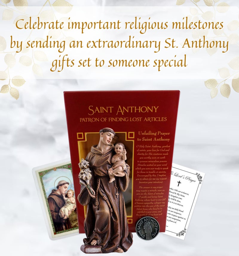 Trendzeen St Anthony of Padua Statue Figurine (4 Inch), Laminated Prayer Card, Saint Anthony Pocket Token Coin, The Lord's Prayer Card | Patron Saint of Lost Things Set of 4 Items - Image 2