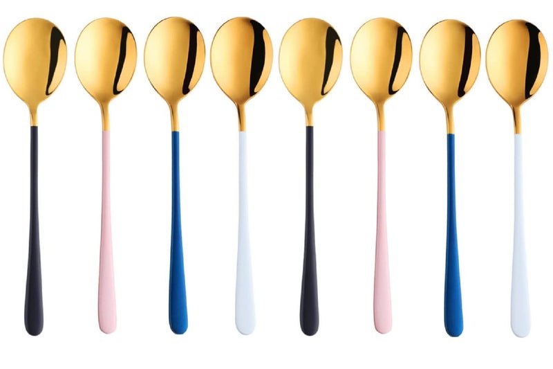 NAIDEV 8 Pack Soup Spoon 304 Stainless Steel Tablespoon Round Head Dinner Spoon for Rice Cereal with Titanium Plating Frosted Long Handle Spoon 811 Inch Goldenware Cutlery Ware Golden Mix 8 - Image 1