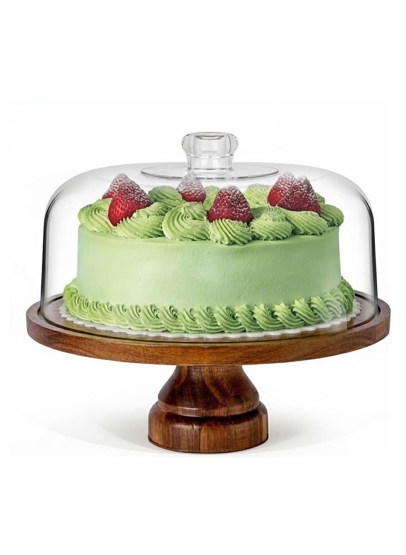 LOOPITYS Cake rack, detachable Acacia wood cake tray with transparent dome cover, wooden cake display rack, suitable for cake placement and display, parties, and family gatherings - Image 1