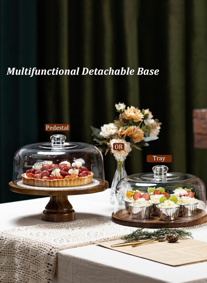 LOOPITYS Cake rack, detachable Acacia wood cake tray with transparent dome cover, wooden cake display rack, suitable for cake placement and display, parties, and family gatherings - Image 2