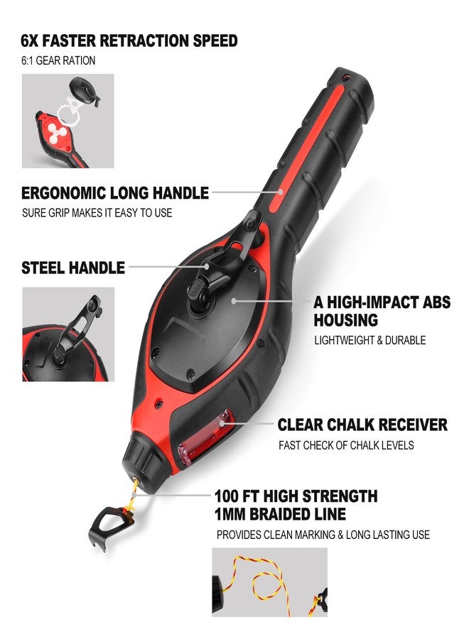 HAUTMEC Pro Chalk Line, Handle with Chalk Line Tool Releaser, 30m/100ft Bold Chalk Reel, Layout Chalk Box, Handle with 6:1 Gear Ratio Speed, HT0384-CL - Image 2