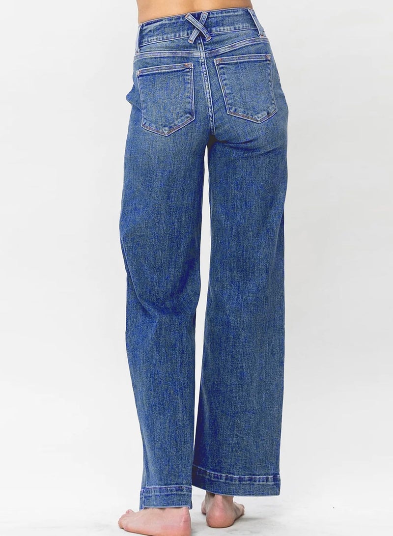 Astylish Womens Pull On Jeans High Waisted Wide Leg Baggy Trendy Jean for Women 2025 Fall Stretch Tummy Denim Pants with Slanted Pockets Size 12 Ashleigh Blue - Image 3
