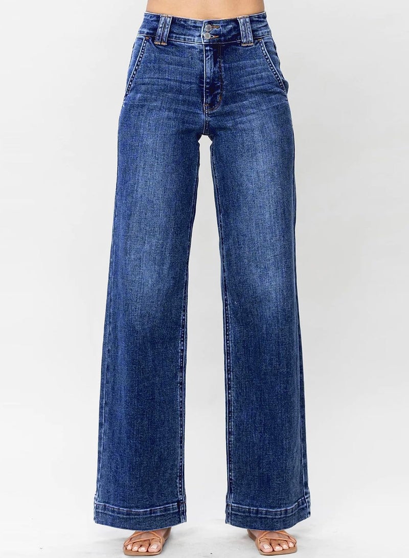 Astylish Womens Pull On Jeans High Waisted Wide Leg Baggy Trendy Jean for Women 2025 Fall Stretch Tummy Denim Pants with Slanted Pockets Size 12 Ashleigh Blue - Image 4