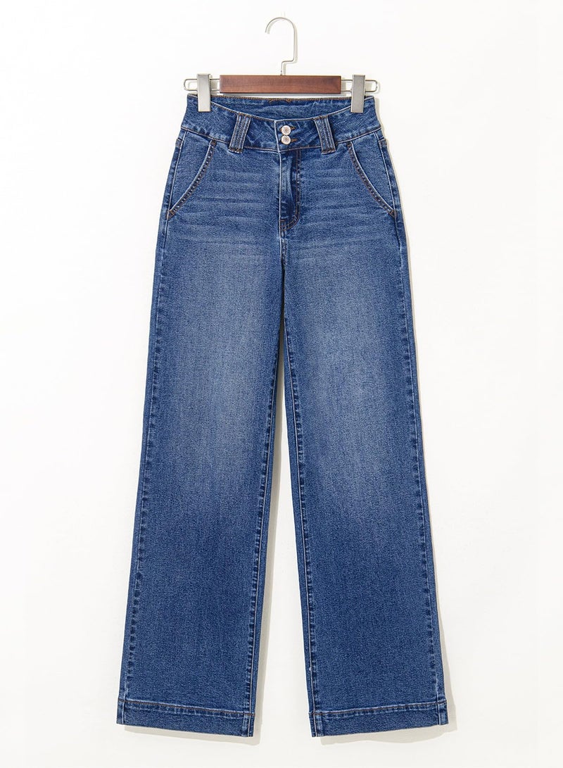 Astylish Womens Pull On Jeans High Waisted Wide Leg Baggy Trendy Jean for Women 2025 Fall Stretch Tummy Denim Pants with Slanted Pockets Size 12 Ashleigh Blue - Image 5