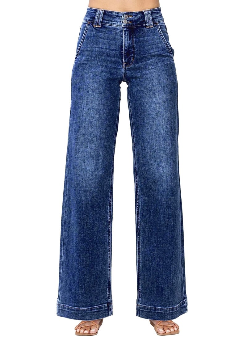 Astylish Womens Pull On Jeans High Waisted Wide Leg Baggy Trendy Jean for Women 2025 Fall Stretch Tummy Denim Pants with Slanted Pockets Size 12 Ashleigh Blue - Image 1
