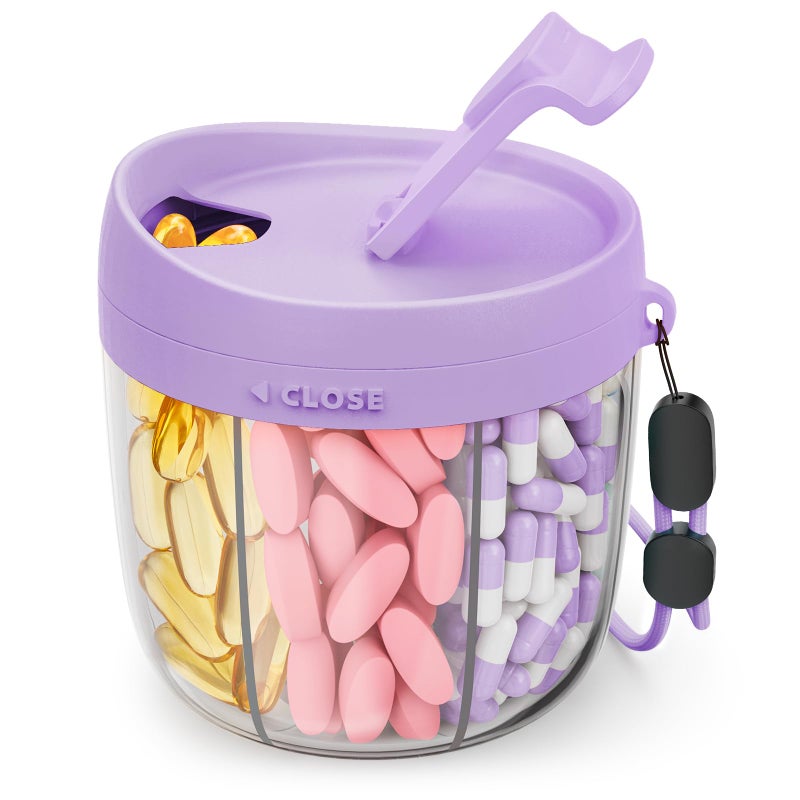 AMOOS Cute Pill Dispenser with 7 Large Compartments Portable Pill Bottle Organizer with Wide Opening for Easy Use AntiMix Pill Organizer for Travel BPAFree Pill Container Purple