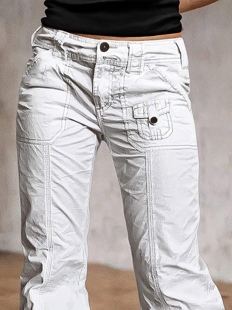 Flamingals Straight Leg Pants for Women Mid Rise Casual Front Patch Pocket Design Solid Seam Pants White L - Image 2