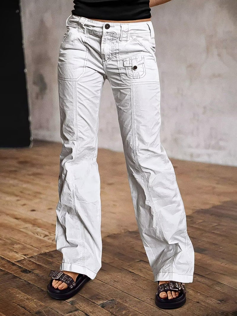 Flamingals Straight Leg Pants for Women Mid Rise Casual Front Patch Pocket Design Solid Seam Pants White L - Image 3
