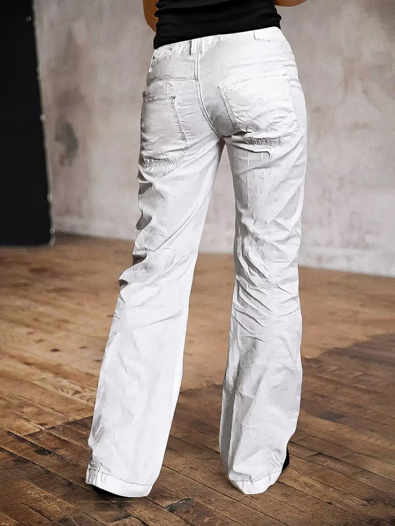 Flamingals Straight Leg Pants for Women Mid Rise Casual Front Patch Pocket Design Solid Seam Pants White L - Image 5