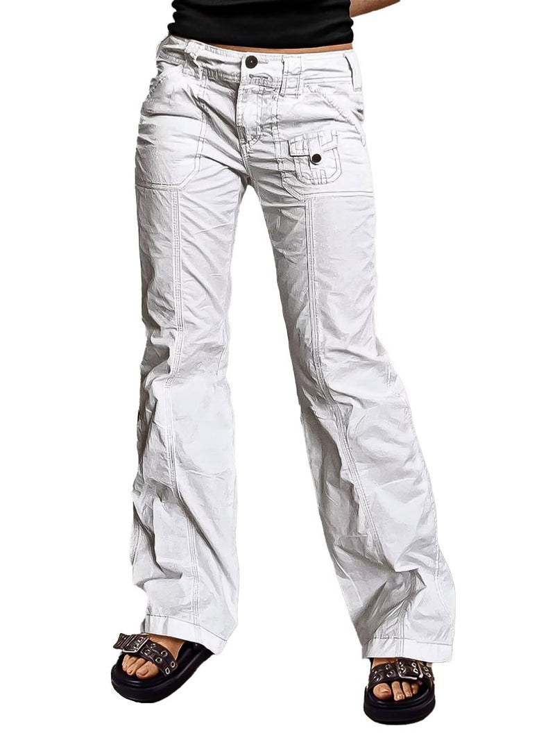 Flamingals Straight Leg Pants for Women Mid Rise Casual Front Patch Pocket Design Solid Seam Pants White L - Image 1