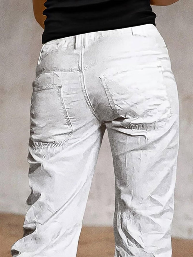 Flamingals Straight Leg Pants for Women Mid Rise Casual Front Patch Pocket Design Solid Seam Pants White L - Image 4